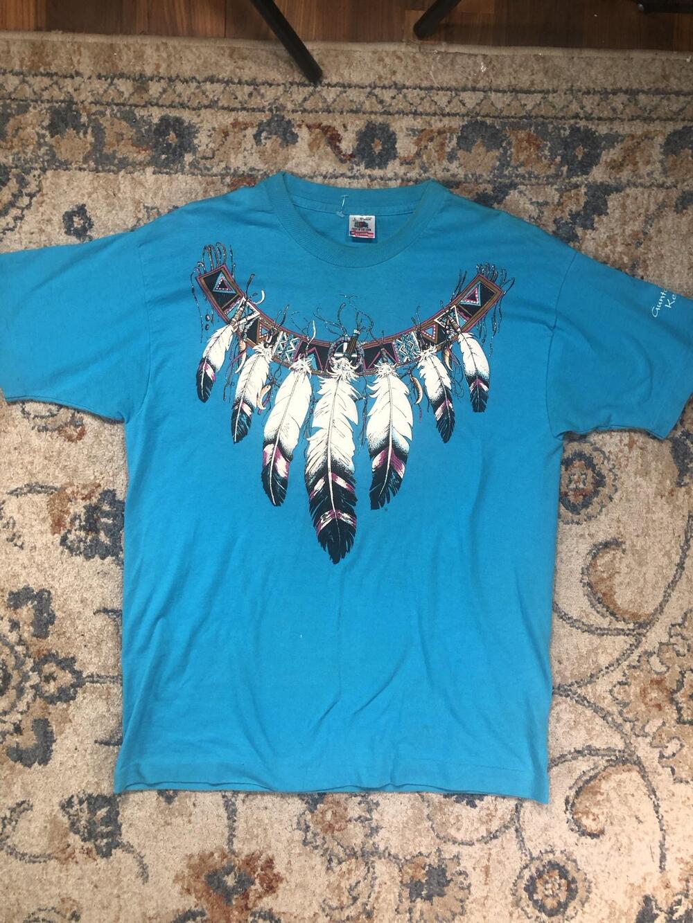 Vintage Feather Necklace Shirt Mens Large Blue Native Glitter Fruit Of Loom 90s